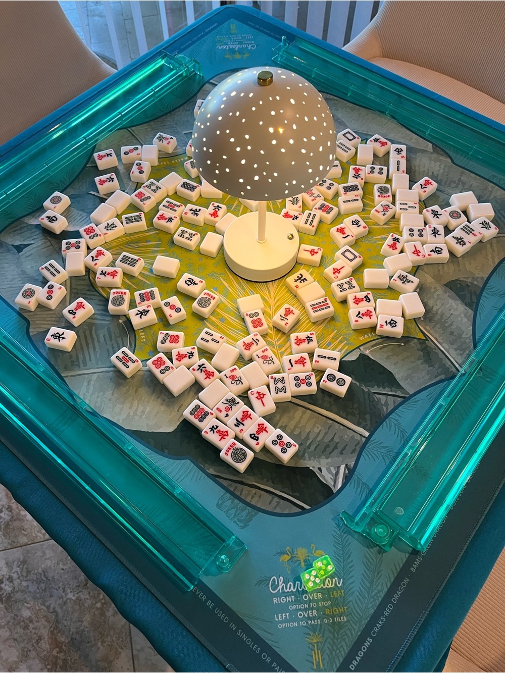 Mahjong Setup - Tiles, Racks, Dice, Lamp, & Matching Mat